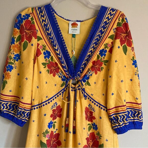 NEW FARM Rio Floral Yard Yellow Maxi Dress Embroidered Eyelet Beaded Tassel XS/S - Picture 8 of 16